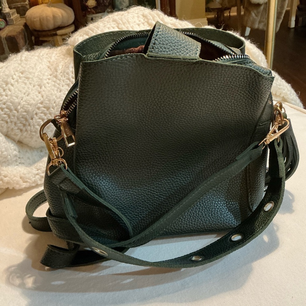 Green faux pebble leather and suede Crossbody bag with gold hardware and tassle